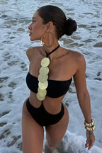 Black Lace Up Bikini Backless One Piece Swimwear