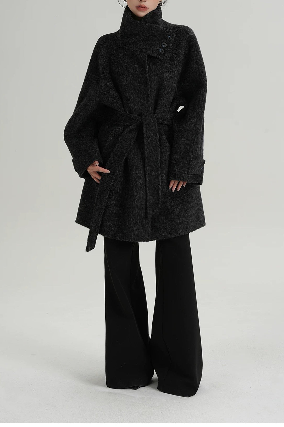 Solid Wool Warm Loose Mock-Neck Coat