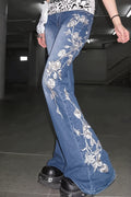 Retro Rose Embroidery Low Rise Flared Jeans