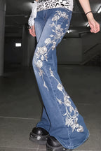 Retro Rose Embroidery Low Rise Flared Jeans