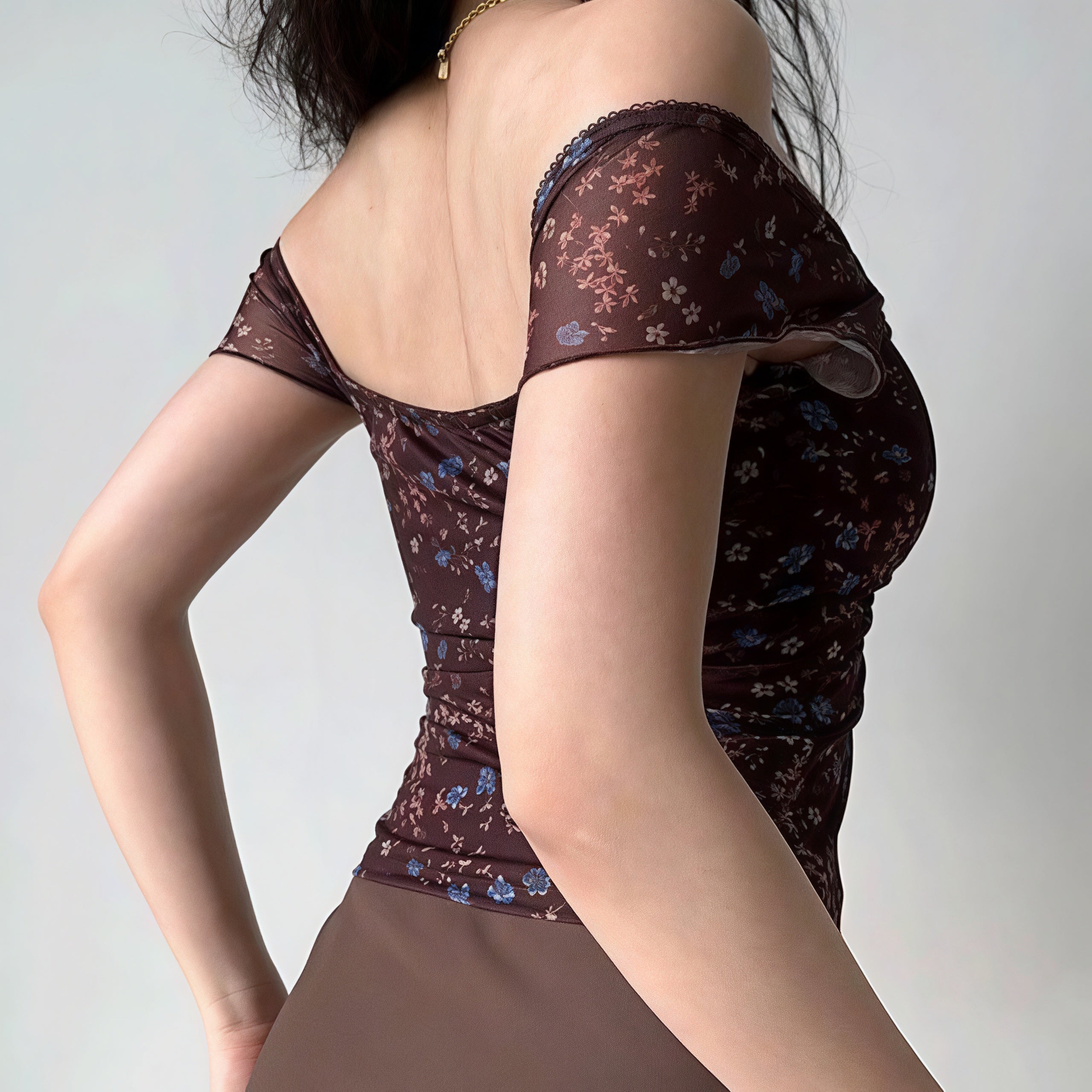 Ruched Floral V Neck Slim Blouse