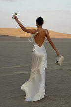 Solid Satin Floral Backless Elegant Maxi Dress