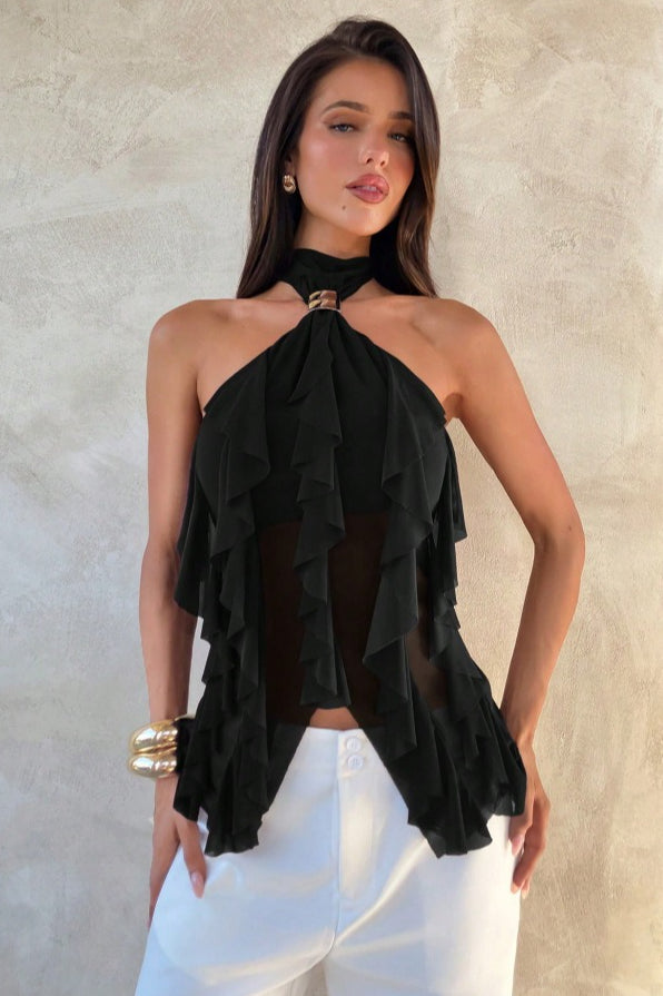 Solid Ruffle Slim Halter Top