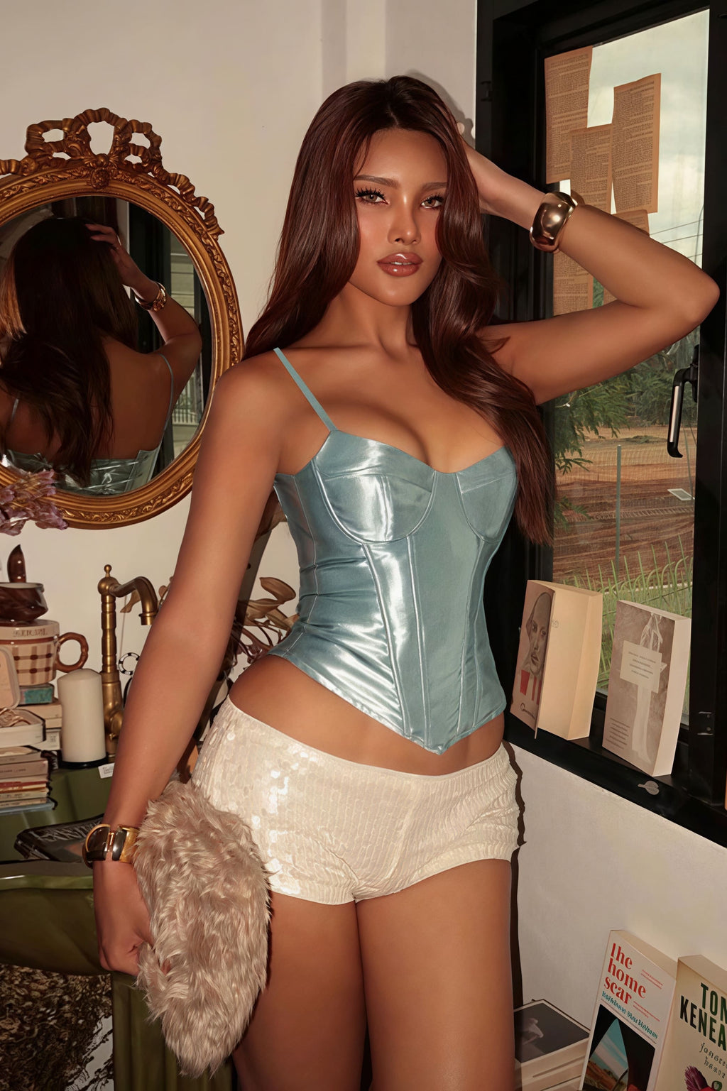 Boned Waist Cinch Back Tie Padded Cami Top