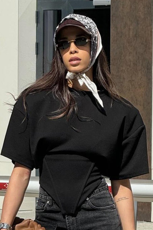 Solid Wide Shoulder Tie Waist Elbow Sleeve T-Shirt