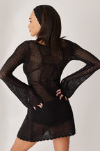 Solid V Neck Tie Knit Hollow Blouse