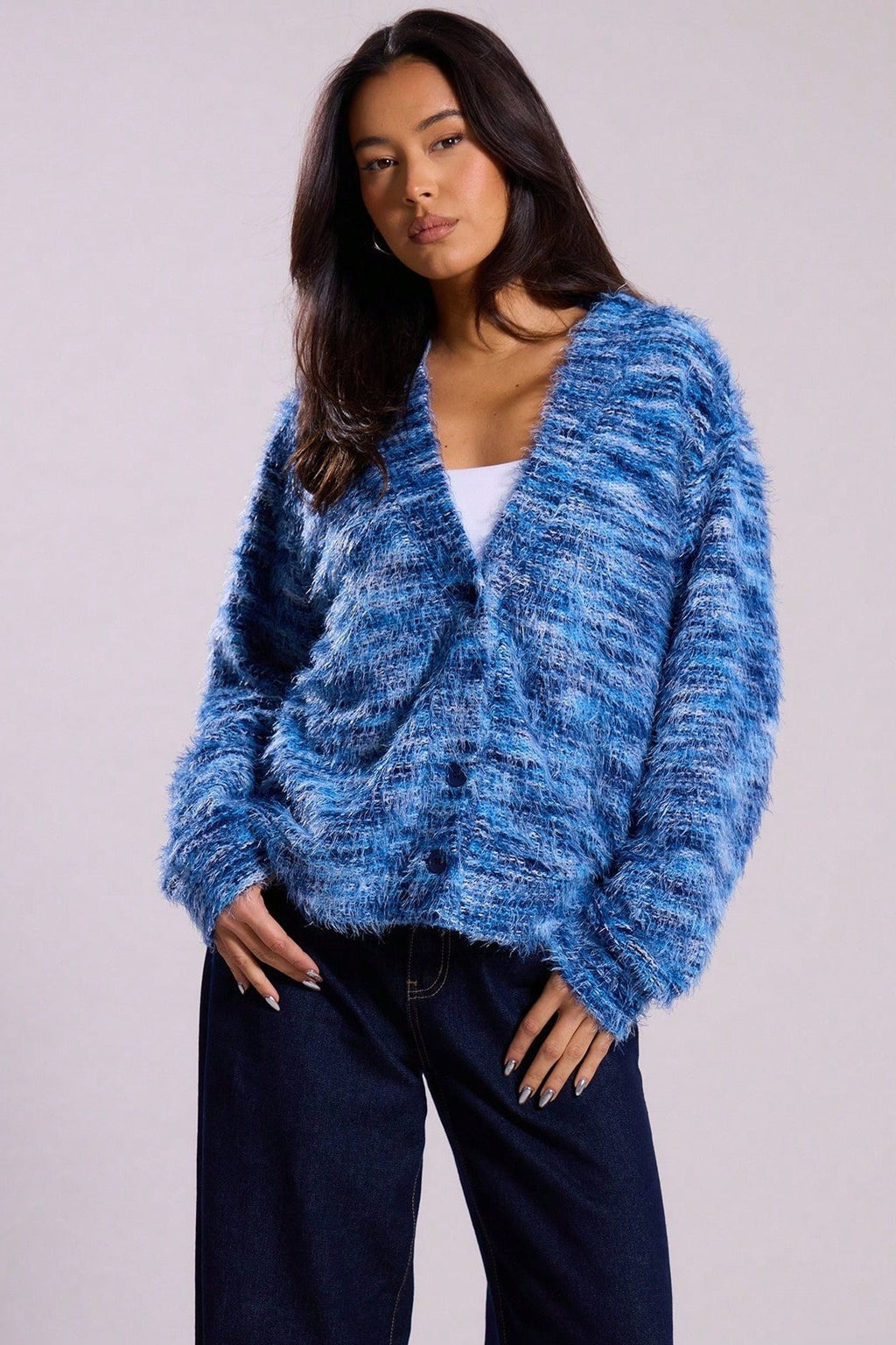 Retro Deep V-Neck Maillard Plush Long-Sleeve Knit Cardigan