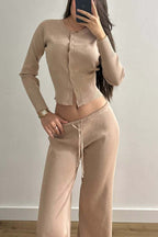 Fitted Buttoned Long-Sleeve Low-Rise Knit Two Piece Set