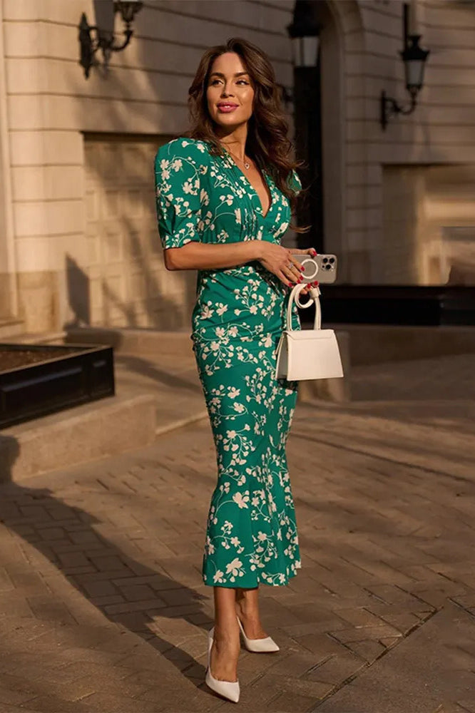 Fitted Floral Puff Sleeve Dress
