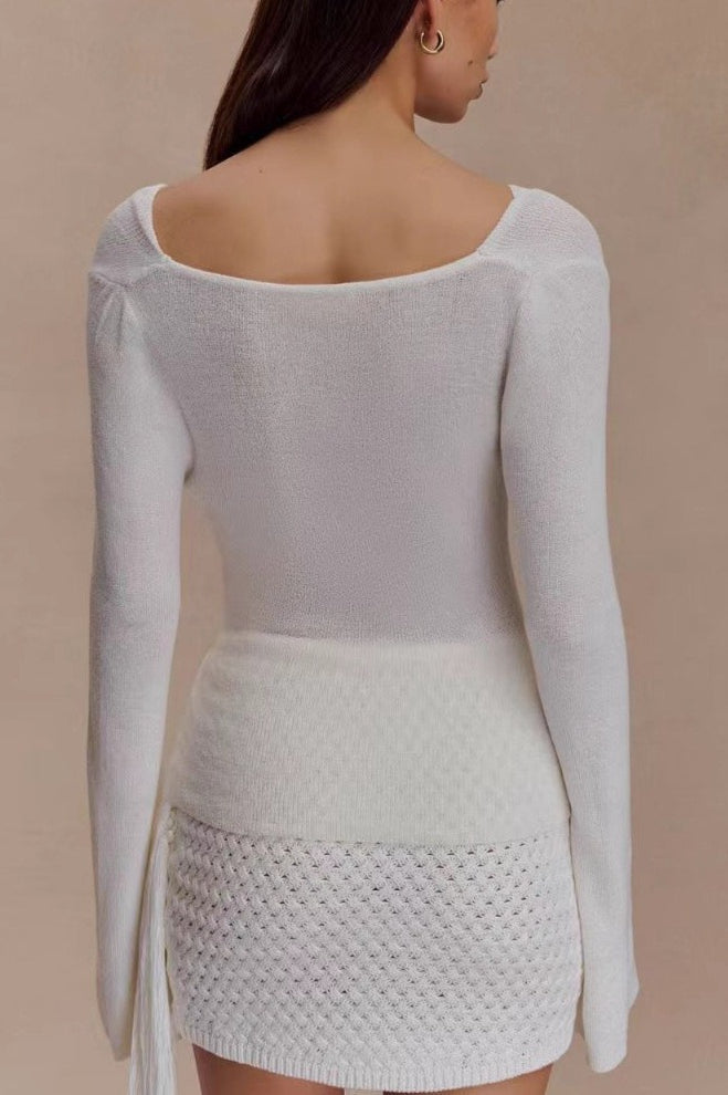 Slim-Fit Waist-Cinched Lace-Knit U-Neck Sweater