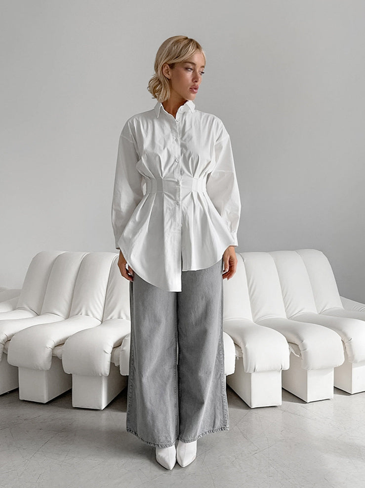 French Long Sleeve Waist-Tied Blouse