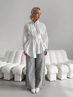 French Long Sleeve Waist-Tied Blouse