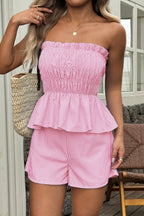 Casual Minimalist Stripe Tube Ruffle Shorts Two Piece Set