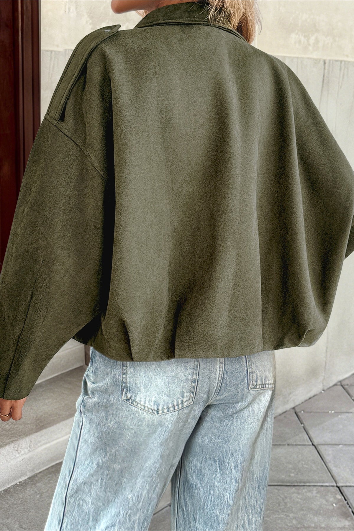 Lapel Collar Suede-Look Bomber Jacket