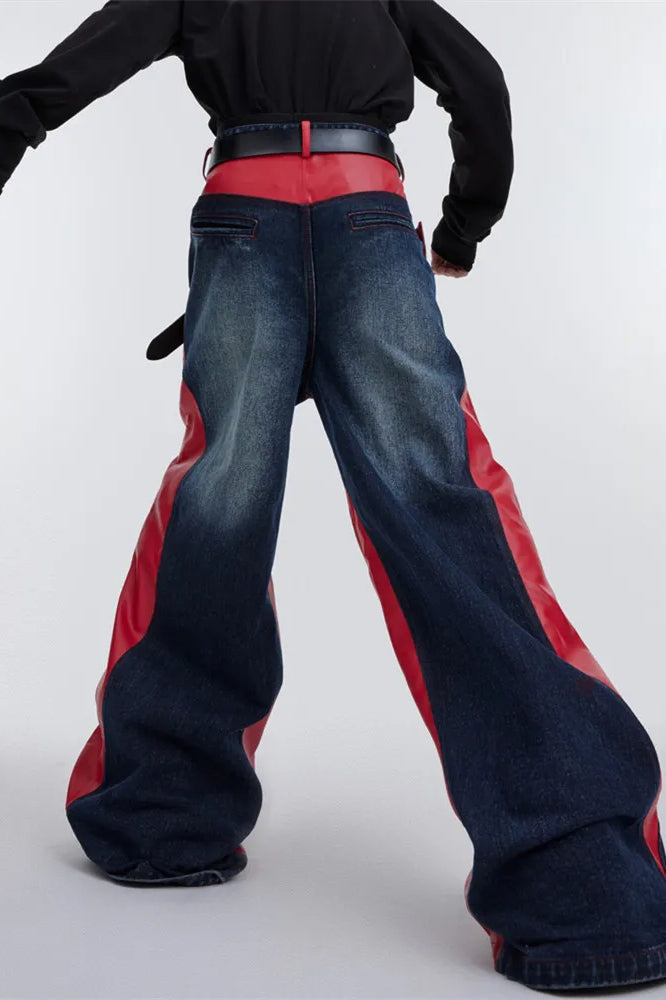 Wide Leg Pu Leather Patchwork Jeans