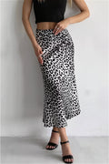 Satin Leopard Printed Elastic Waist Maxi Skirt