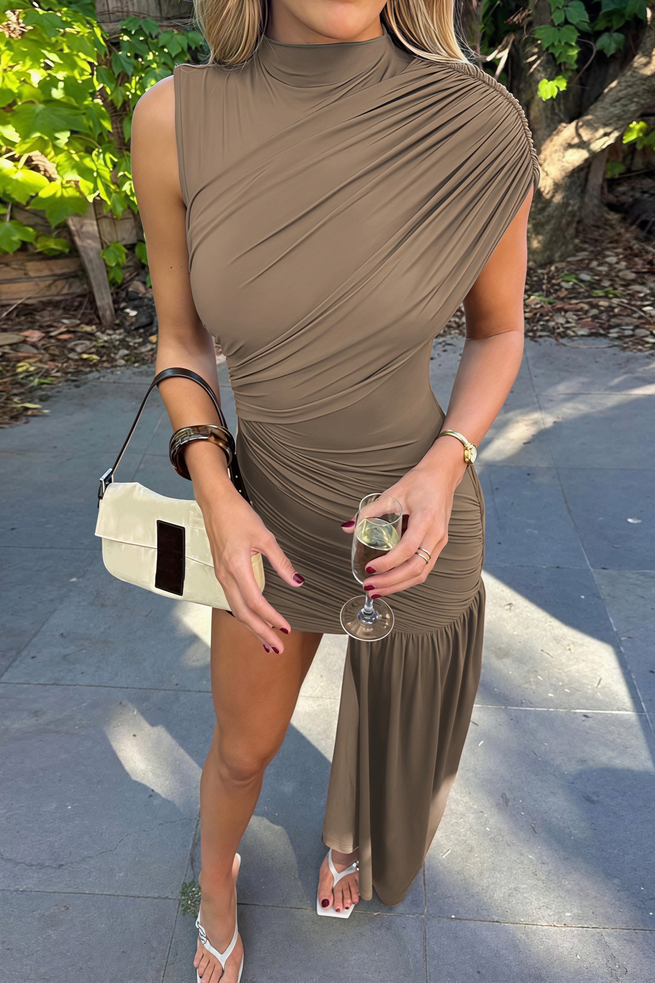 Round Neck Patchwork Ruched Irregular Formal Mini Dress