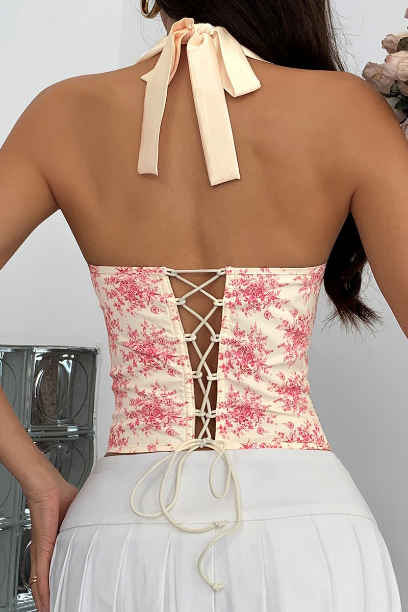 Ruffle Print Halter Bustier Top