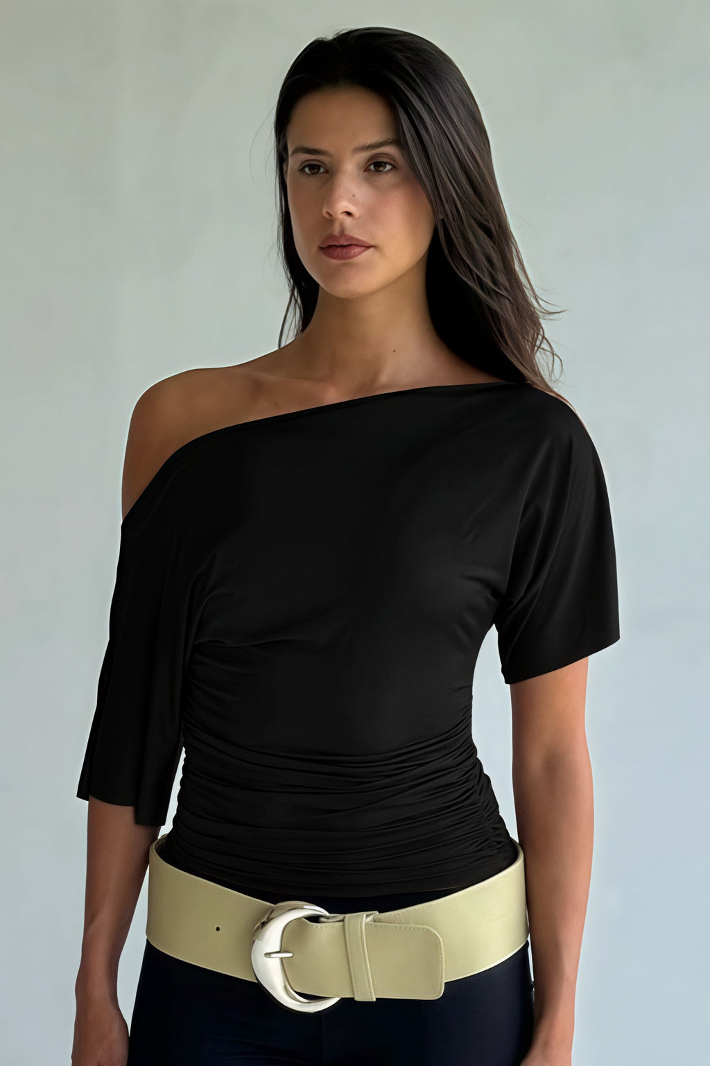 Solid Off Shoulder Shirred Waist T-Shirt