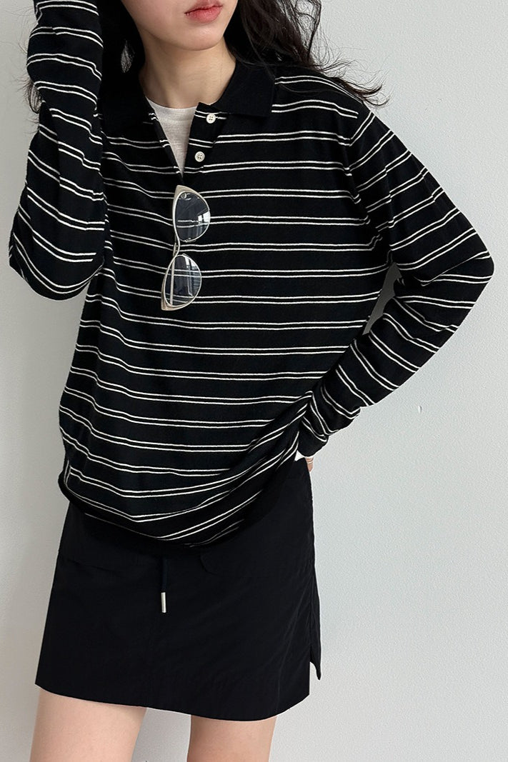 Soft Wool Striped Polo Collar Long Sleeve Tee