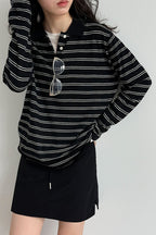 Soft Wool Striped Polo Collar Long Sleeve Tee