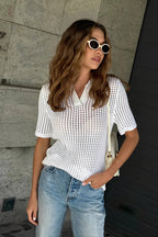 Solid Knit Polo Shirt Cut Out Elegant Multicolor Blouse