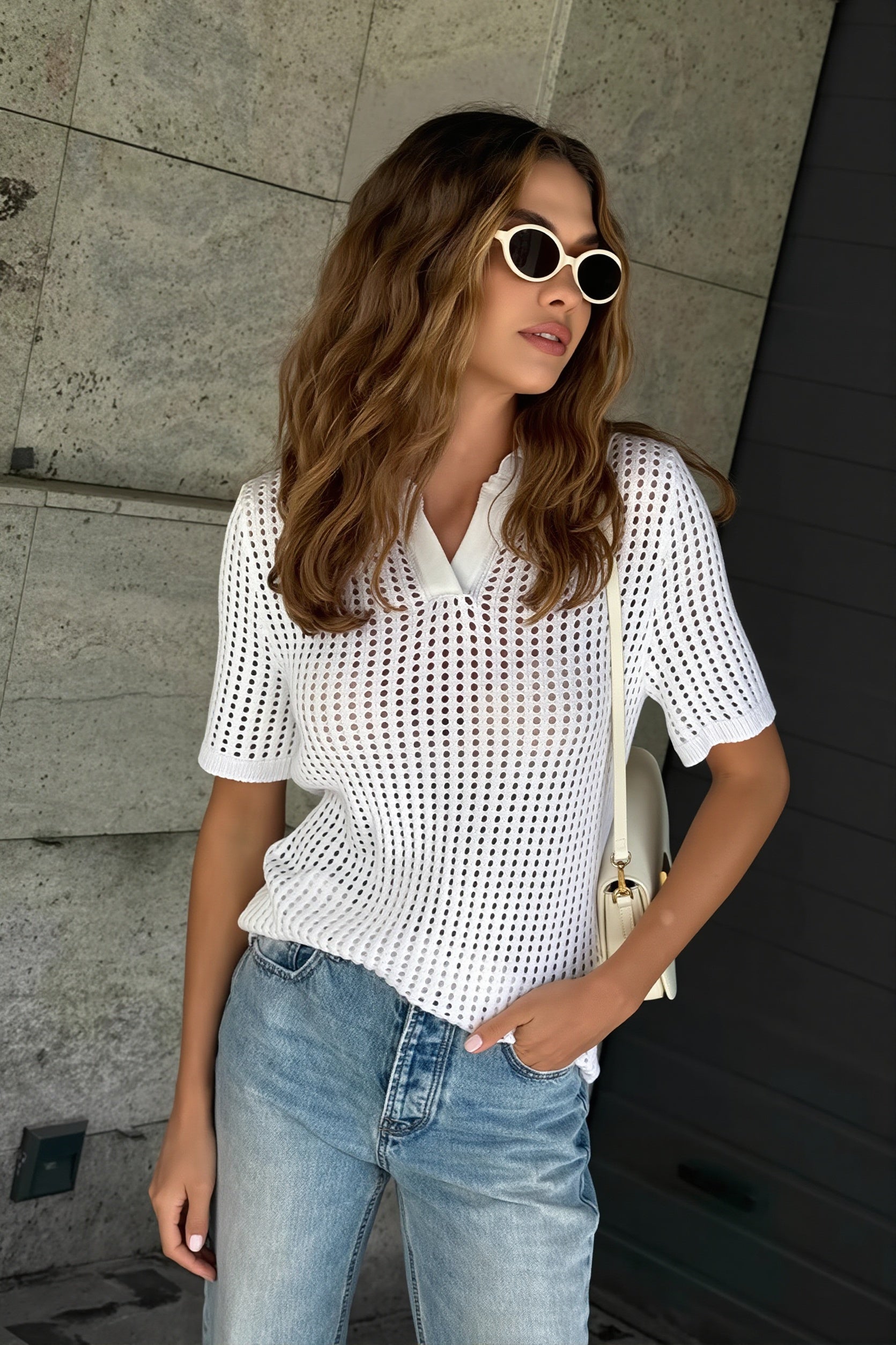 Solid Knit Polo Shirt Cut Out Elegant Multicolor Blouse