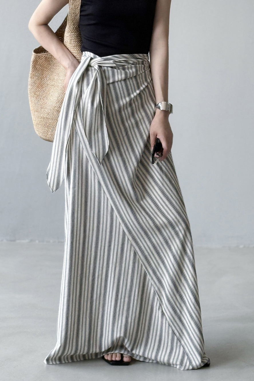 High Waist Striped Tie A Line Maxi Skirt