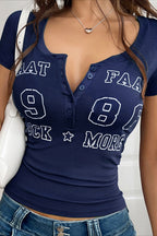 Letter Print V Neck Slim T-Shirt