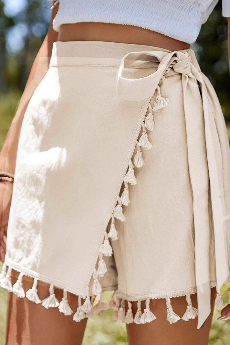 Solid Lace Up Fringe Hem Short Skirt