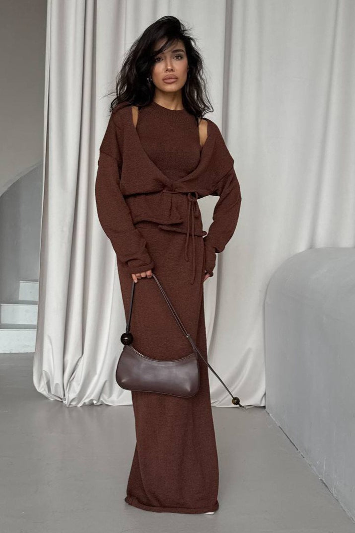 Knit Vest & Bodycon Skirt With Belt Three Piece Set