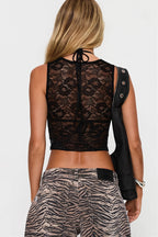 Lace Panel V Neck Sleeveless Slim Fit Halter Top