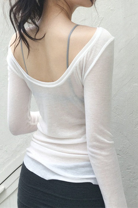 U Neck Sheer Long Sleeve Blouse