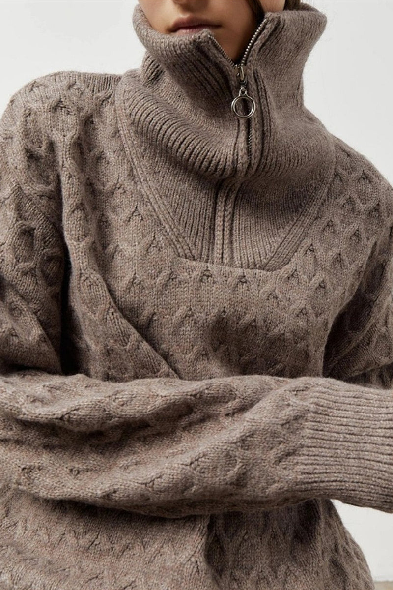 Vintage Chunky Knit High Neck Zip Up Sweater