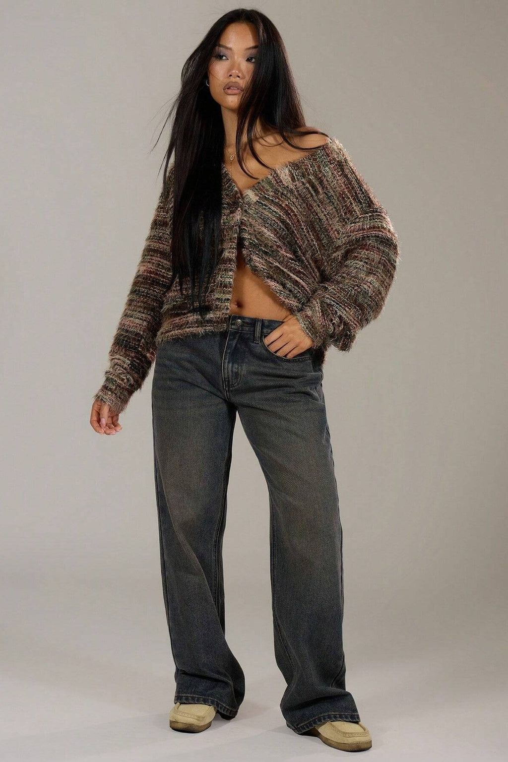 Retro Deep V-Neck Maillard Plush Long-Sleeve Knit Cardigan