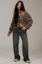 Retro Deep V-Neck Maillard Plush Long-Sleeve Knit Cardigan