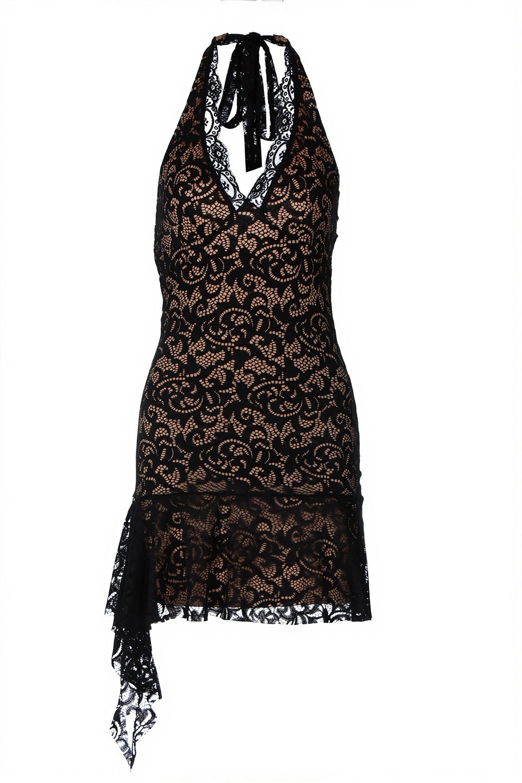 Lace Deep V Halter Open Back Ribbon Tie Mini Dress