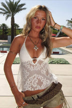 Boho Cutout V Neck Lace Halter Top