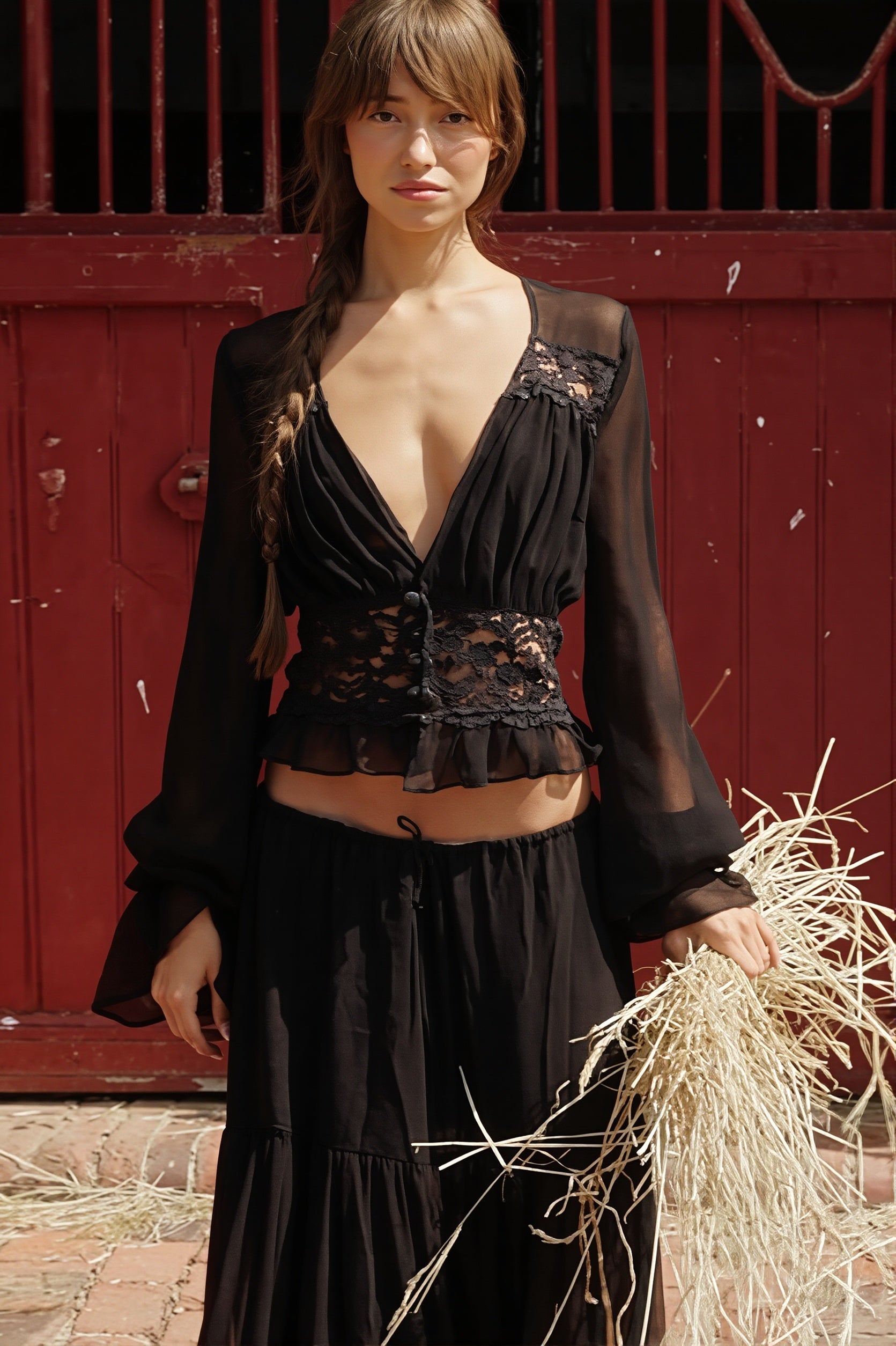 Lace Chiffon Open Front Wrap Maxi Dress