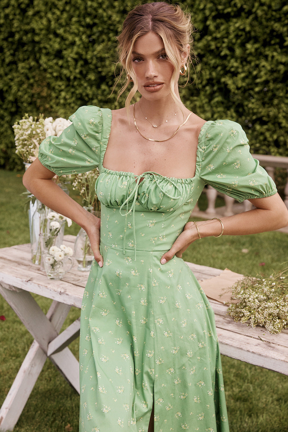 Tie Side Puff Sleeve Slit Floral Dress