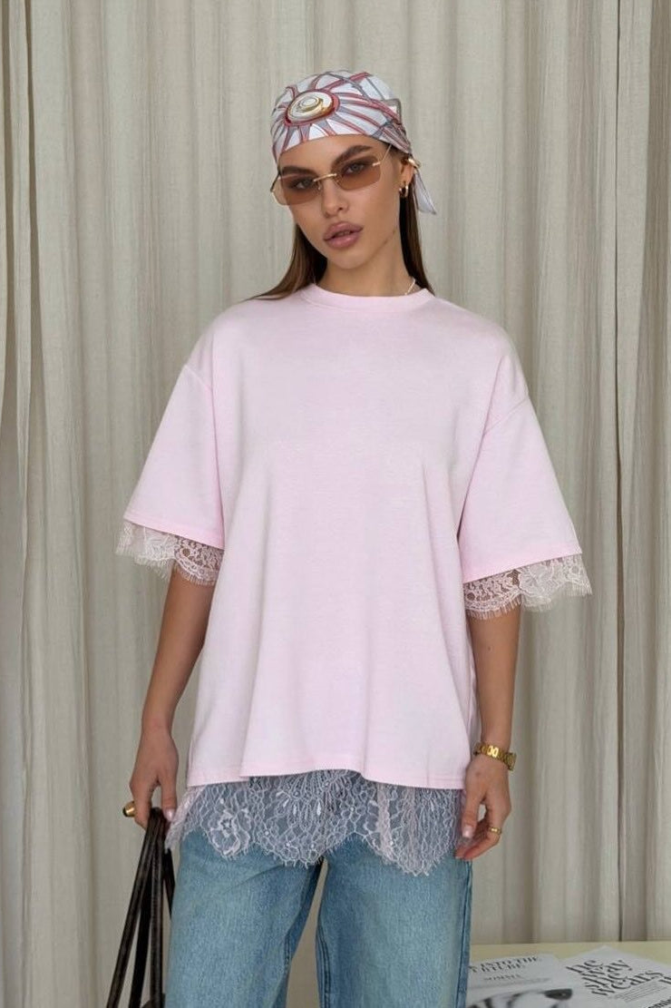 Minimalist Sweet Lace Splice Short Sleeve T-Shirt