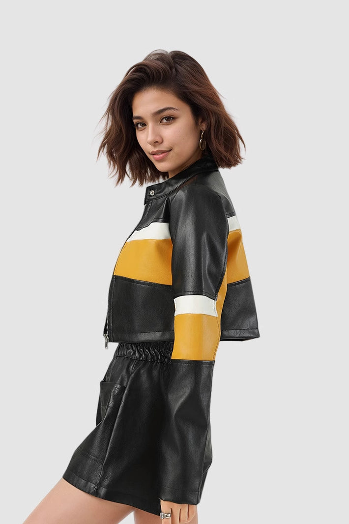 Colorblock Pu Cropped Jacket
