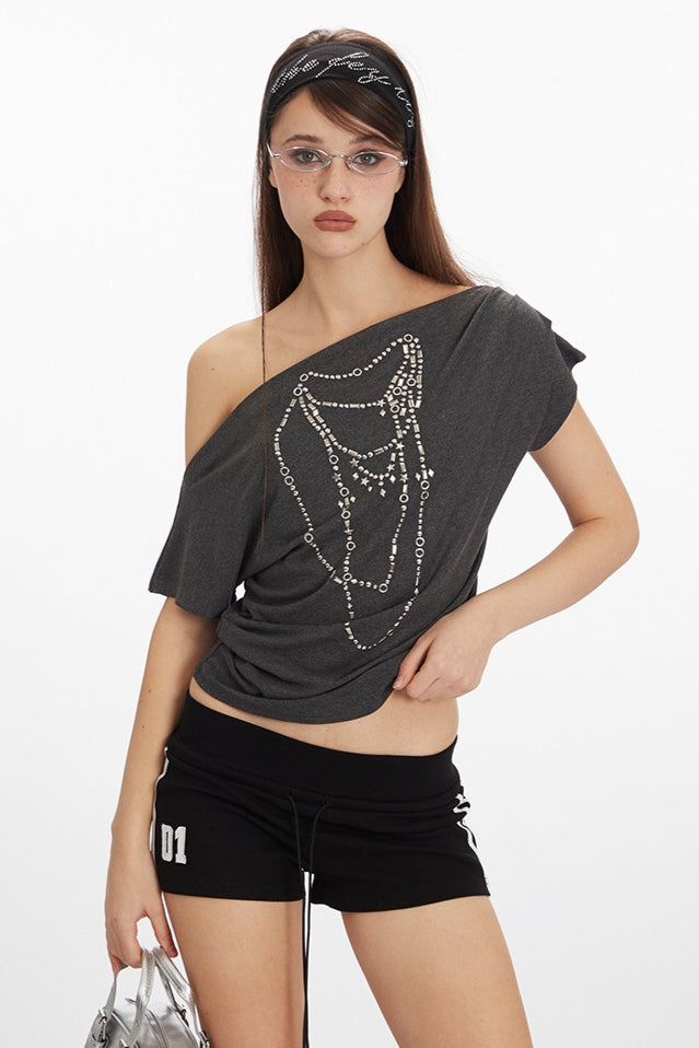 Asym Neck Beaded Cropped T‑Shirt