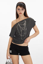 Asym Neck Beaded Cropped T‑Shirt