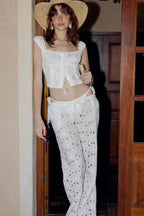White Floral Embroidery Relaxed Pants