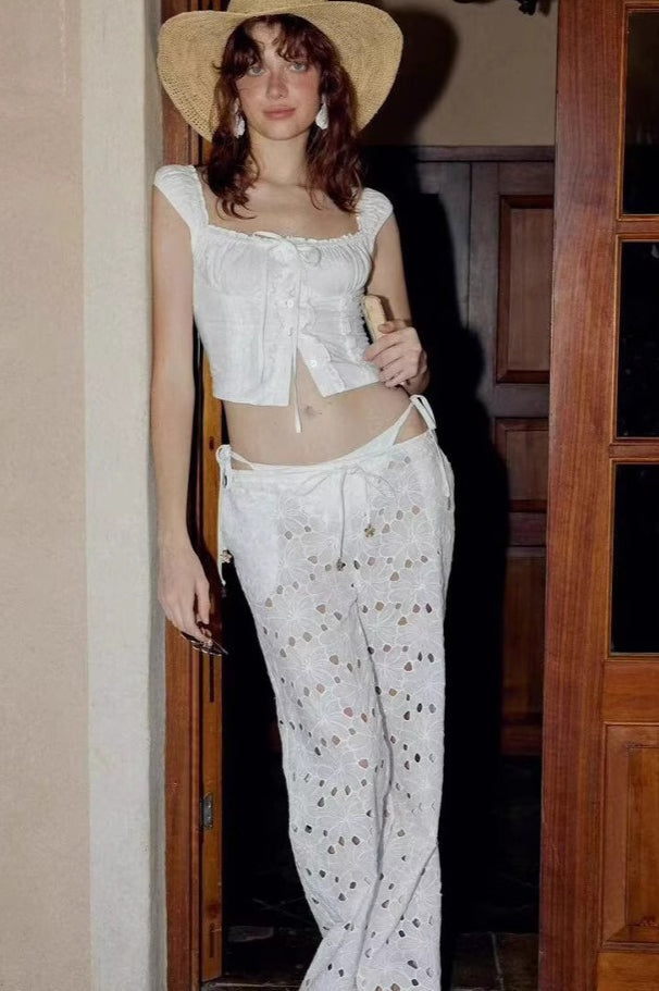 White Floral Embroidery Relaxed Pants