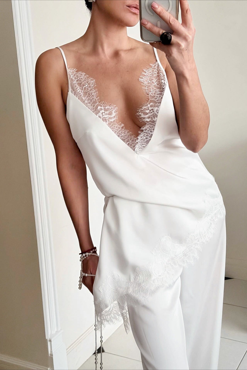Satin V Neck Lace Slit Cami Top