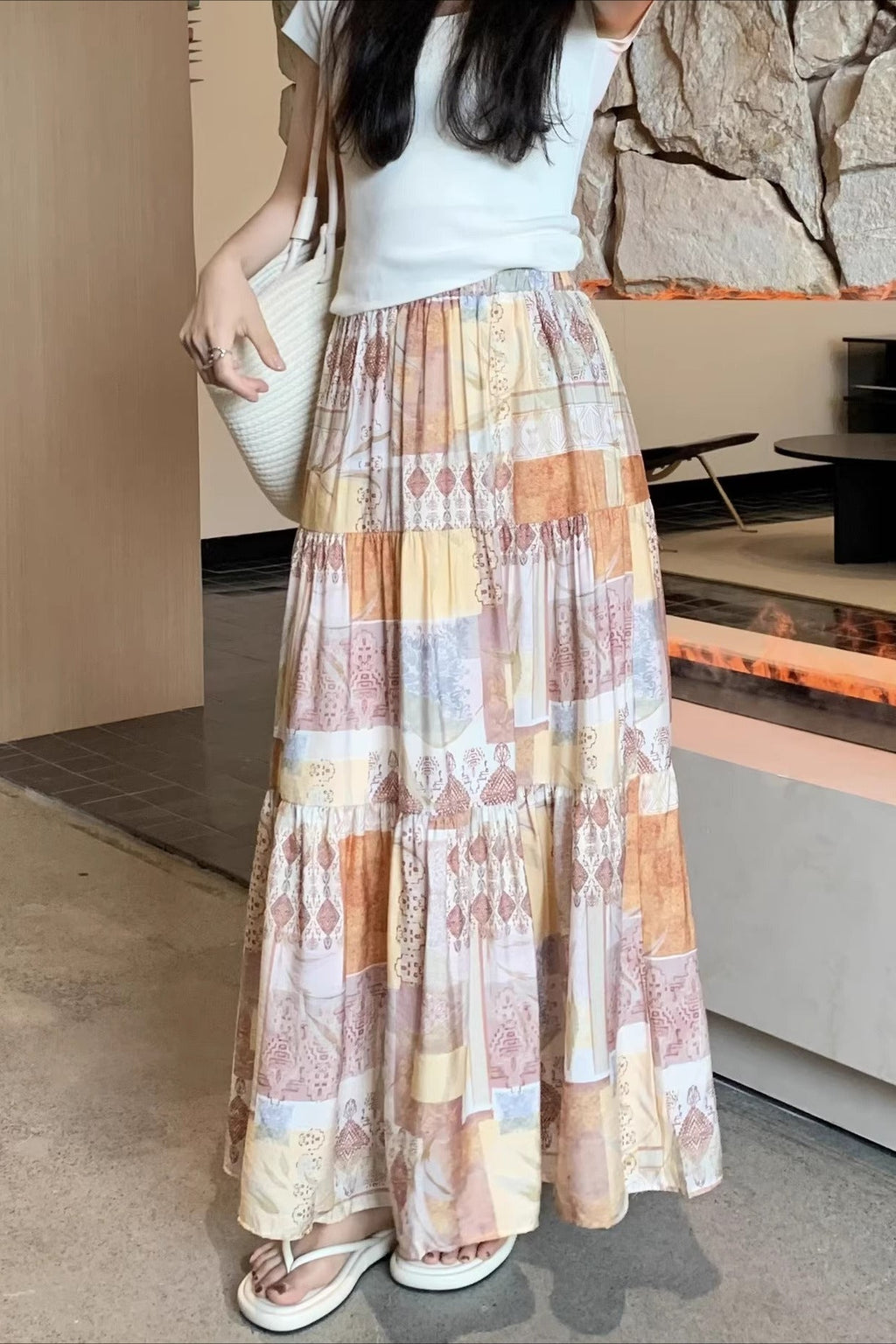 Orange Tiered A Line Flowy Skirt