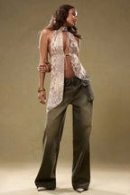 Stand Collar Halter Backless Leopard Top
