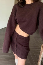 Short Fitted Knit Round Neck Slim Two Piece Set